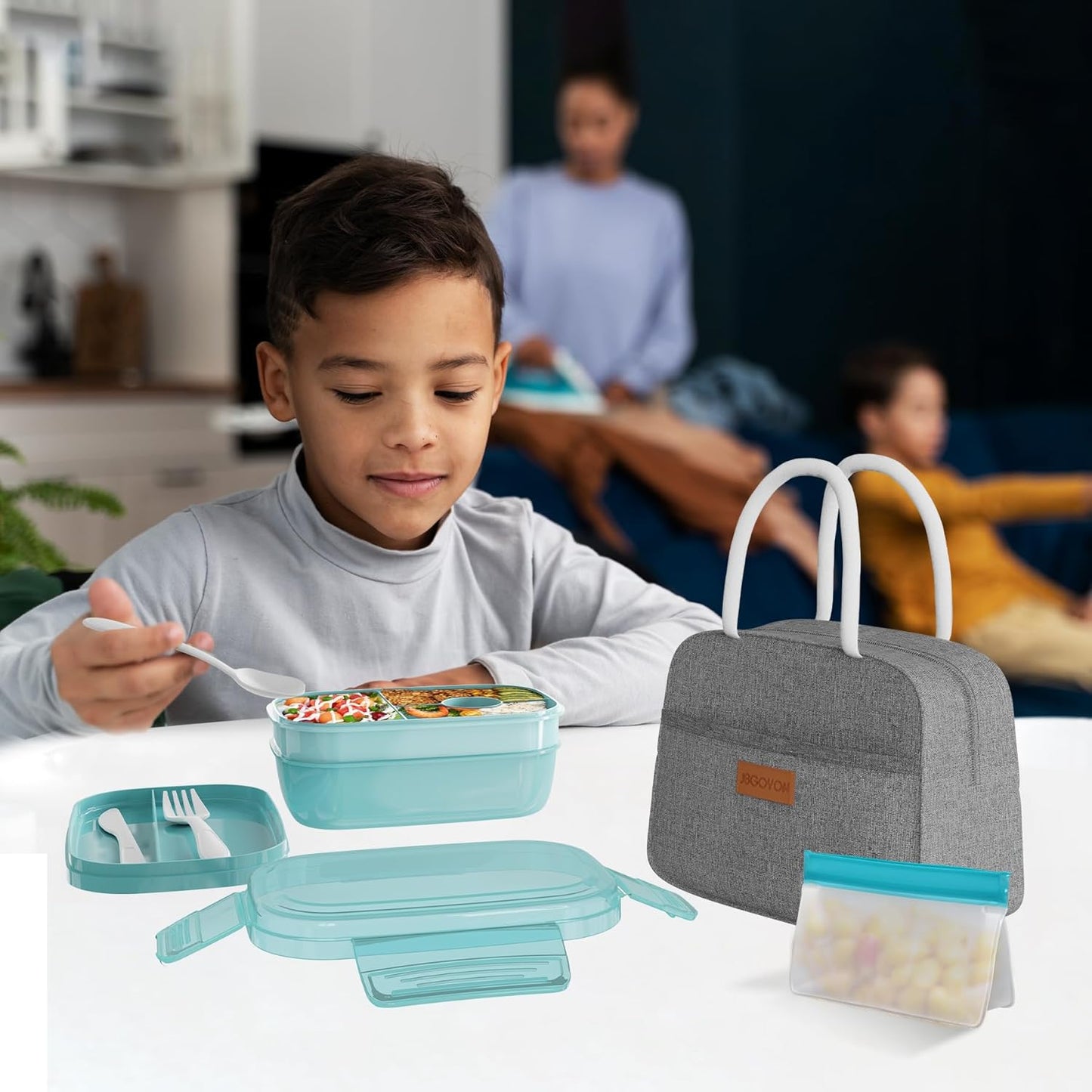 JBGOYON® Bento Lunch Box for Adults, Kids, Men, and Women – Includes Stackable Lunch Containers and Lunch Bag, Perfect for Boys and Girls, Microwave Safe and BPA-Free（Green ）