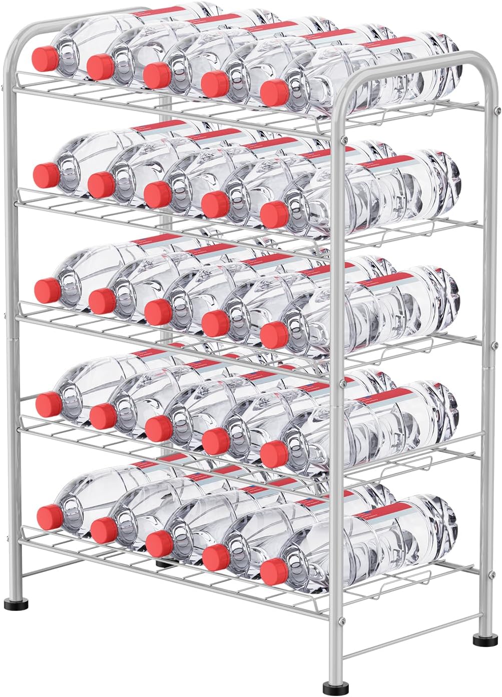 5 Tier Water Bottle Organizer Small Water Bottle Holder Stand Freestanding Metal Bottled Water Rack Dispenser for Kitchen, Pantry Organization and Storage, Silver
