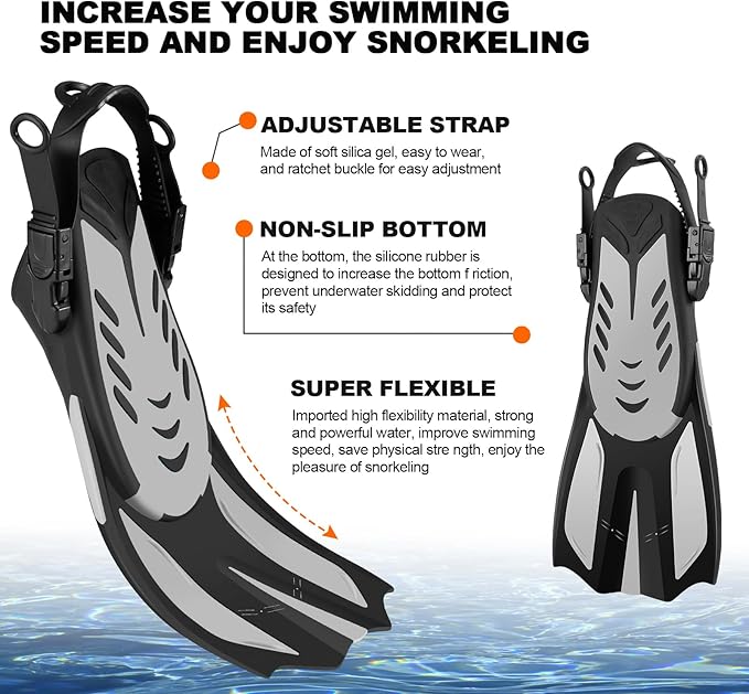 Odoland Kids Snorkeling Packages Snorkel Set, Dry Top Snorkel Mask with Adjustable Swim Fins for Boys and Girls Age 7-14
