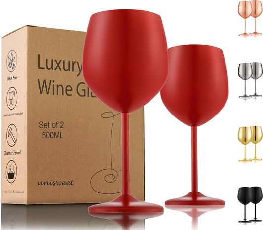 Stainless Steel Wine Glasses Set of 2, 18 oz Unbreakable Red Wine Glass Unique Metal Wine Goblets for Outdoor Capming and Pool Gift for Wine Lovers