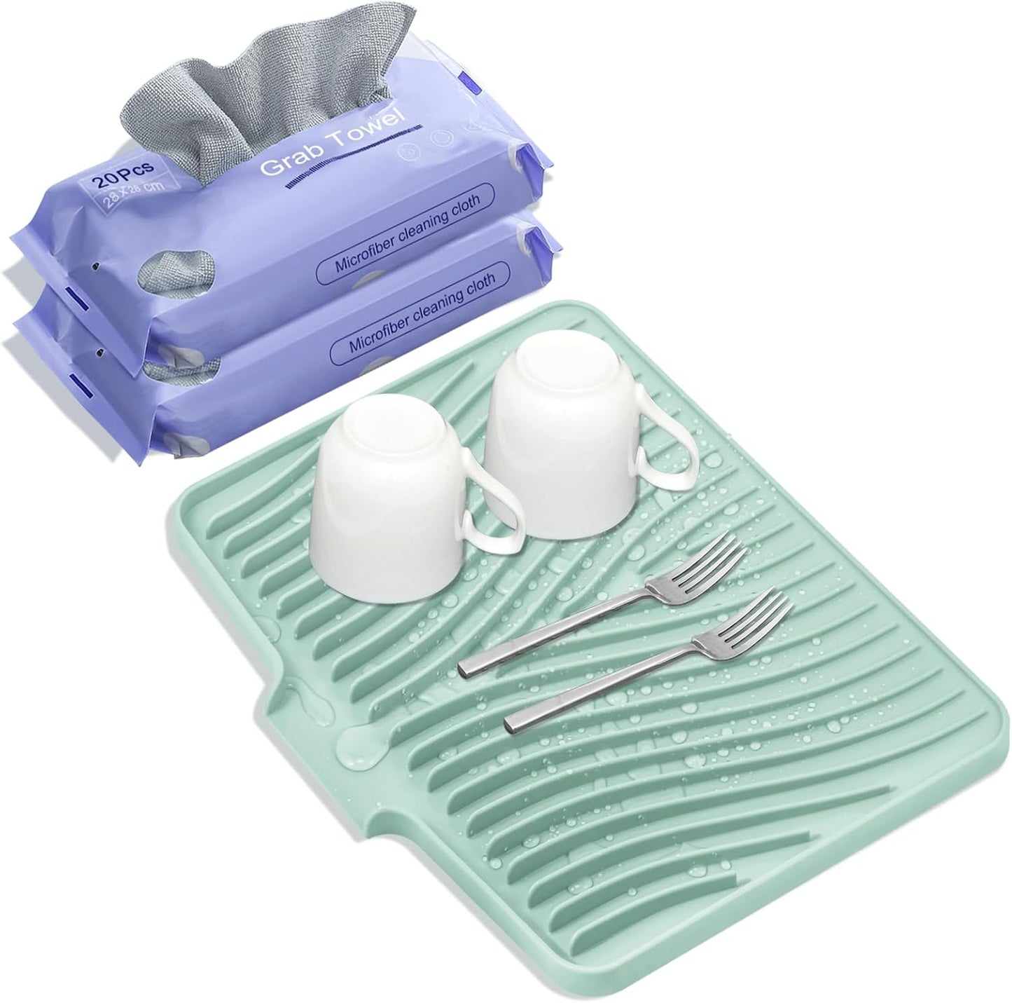 Silicone Dish Drying Mat, Stone Drying Mat for Kitchen Counter with Built-in Drain, Non-Slip 15.8" X 13" Drying Matt Kitchen Counter and Grey Microfiber Cleaning Cloth, Cleaning Rags Set(Mint)