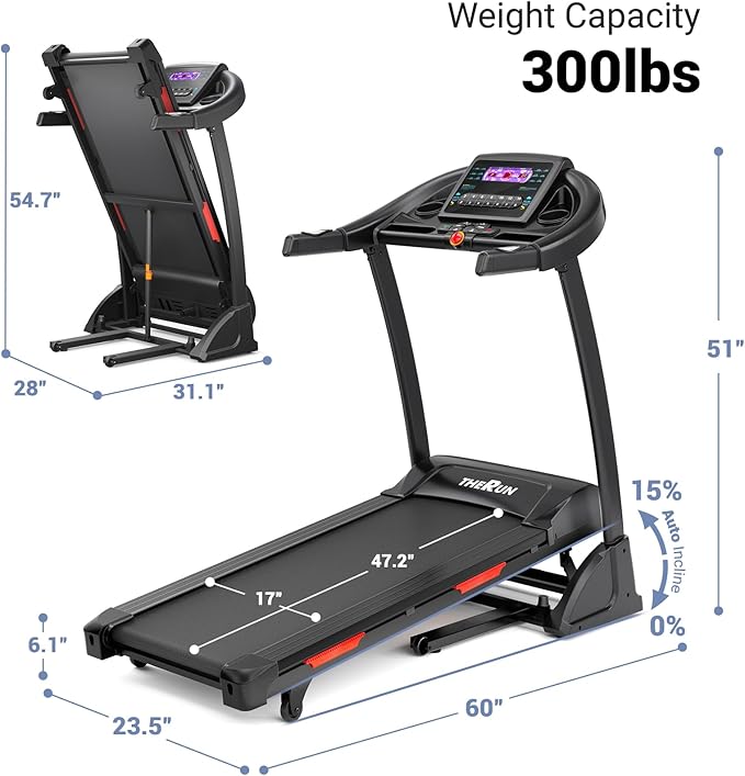 THERUN Incline Treadmill for Running and Walking, 300 lbs Weight Capacity Folding Treadmill with 0-15% Auto Incline, Wide Belt, 3.5HP, App, Heart Rate