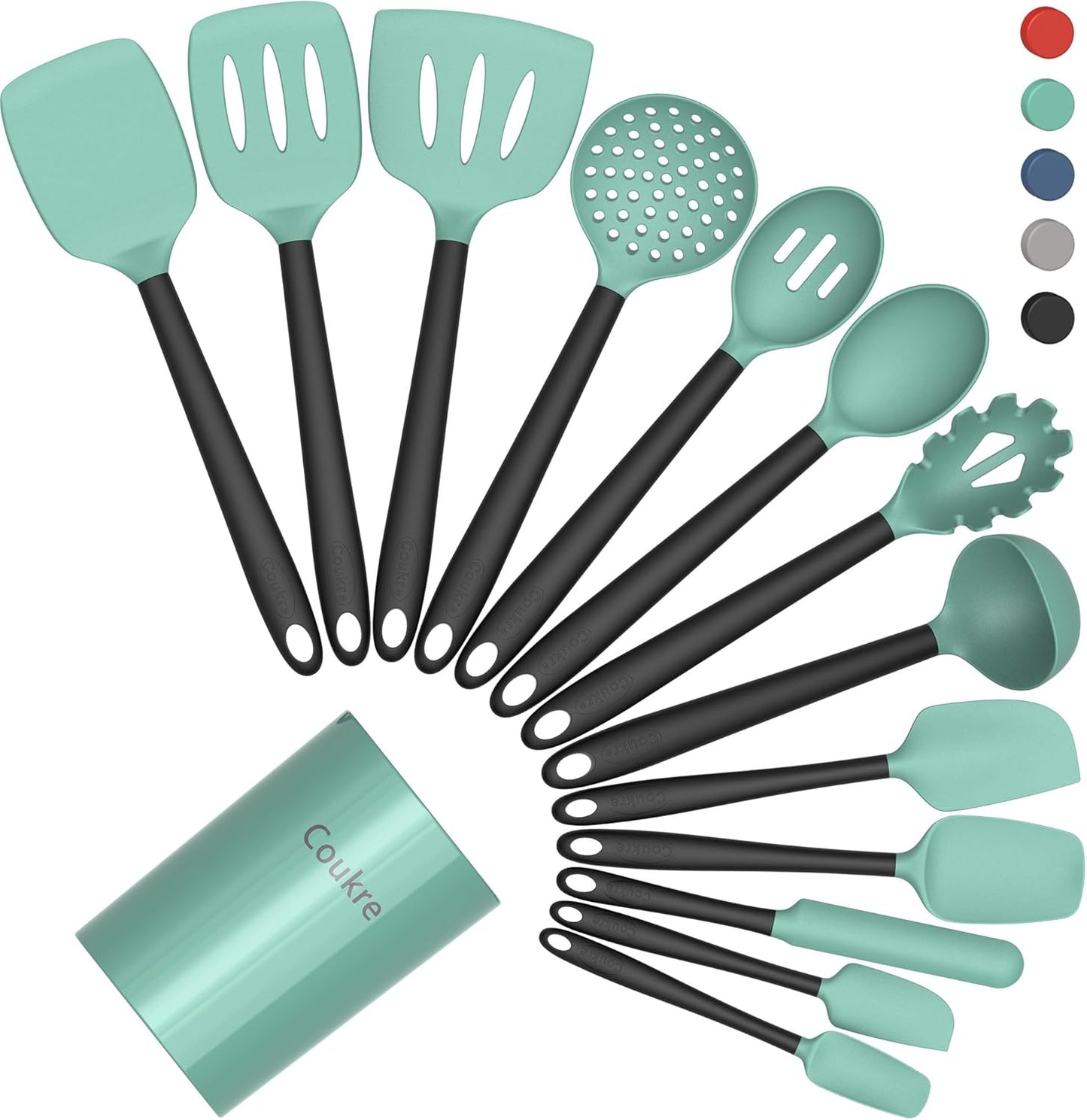 Coukre Silicone Kitchen Cooking Utensils Set with Holder – Heat-Resistant, Food-Grade Kitchen Tools, Spatula, Spoon & Gadgets for Non-Stick Pans, Dishwasher Safe (14, AquaGreen)