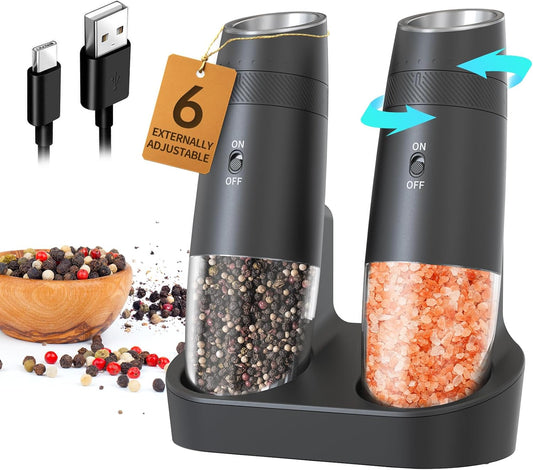 CIRCLE JOY Gravity Electric Salt and Pepper Grinder Set Automatic Shakers Upgraded Pepper Mill with Rechargeable Base, External Adjustable Coarseness, LED Light, Easy Refill for Kitchen & Outdoor