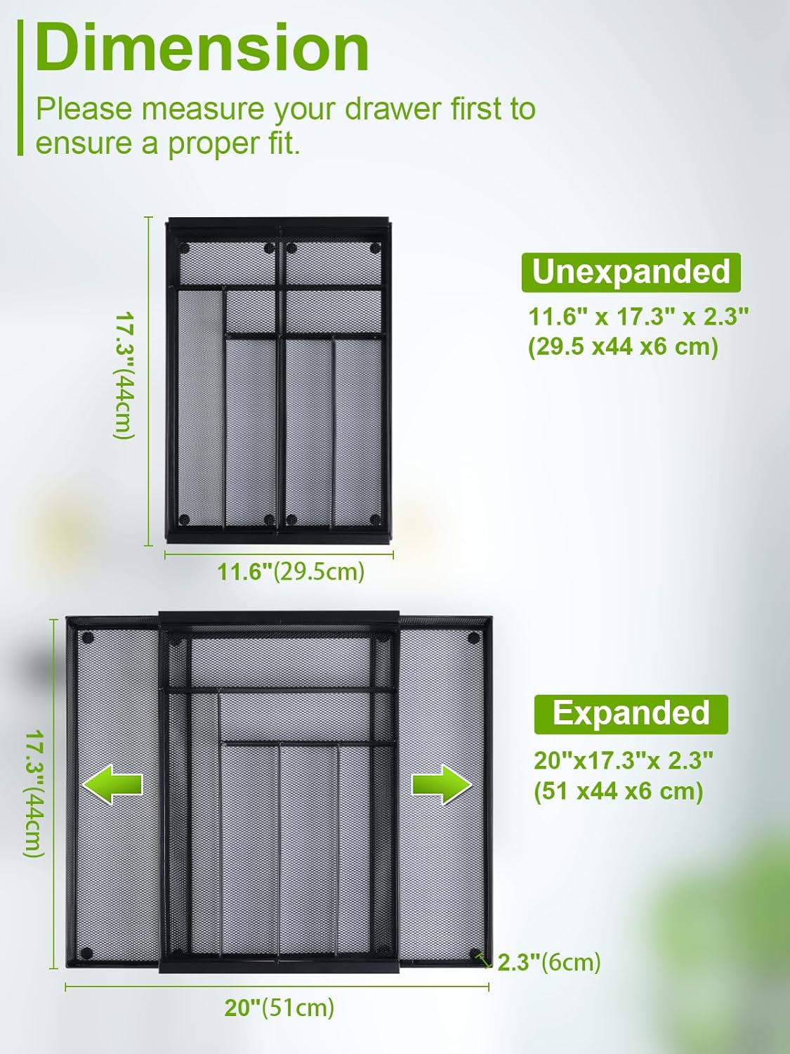 Silverware Organizer Metal Mesh, Large Drawer Organizer, Utensil Cutlery Tray for kitchen drawers, Expandable Flatware Organizer with 8 Compartment Black 11.6"~20" x 17.3"