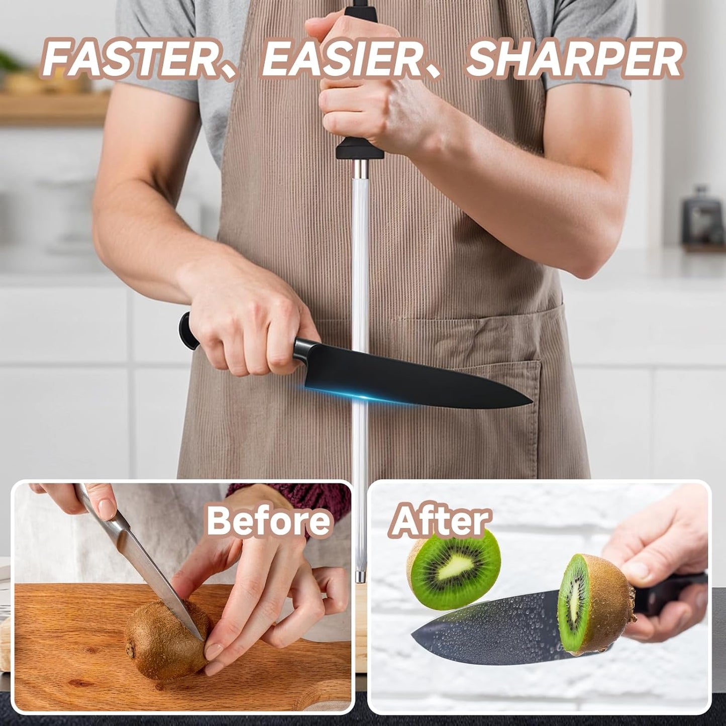 Kitchen Knife Sharpener Rod-12 Inches Professional Carbon Steel Knife Sharpening Honing Rod with Hanging Holes for Household, Chef, Hunting Sporting and Pocketknives, 17" Overall
