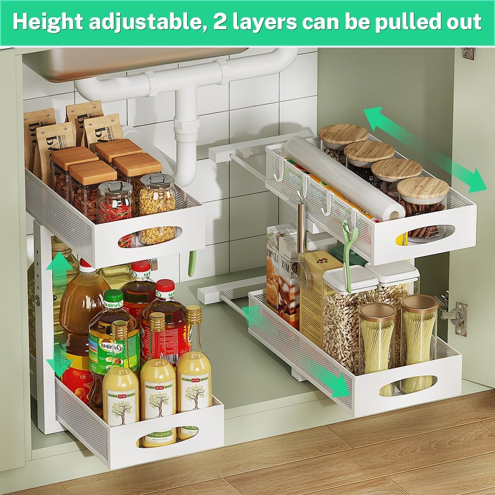 Under Sink Organizer, 2-Tier Slide-Out Storage Shelf with Mesh Drawers - Adjustable Height Heavy-Duty Steel Cabinet Organizer for Kitchen/Bathroom/Laundry, Easy Assembly, Space Saver (White)