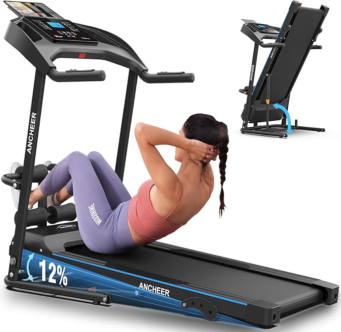 ANCHEER Foldable Treadmill with Sit Up Bench, 2025 Upgrade 3.5HP Portable Treadmills for Home with Incline 350 lbs Capacity, Smart LCD Display Body Fat& Heart Rate, Multifunction Exercise Equipment