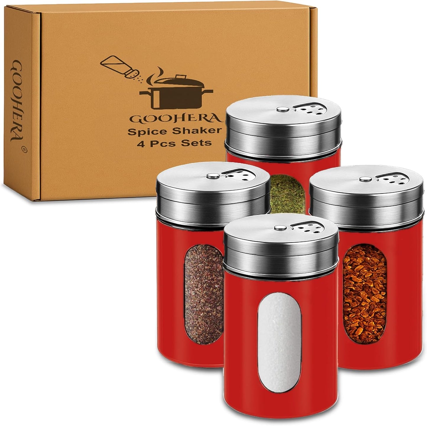 4-Piece Premium Stainless Steel Salt and Pepper Shakers Set – Adjustable Pour Holes Spice Dispenser for Salt, Sugar, Cinnamon, and Pepper – Stylish Kitchen Seasoning and Spice Shaker Set (Red)