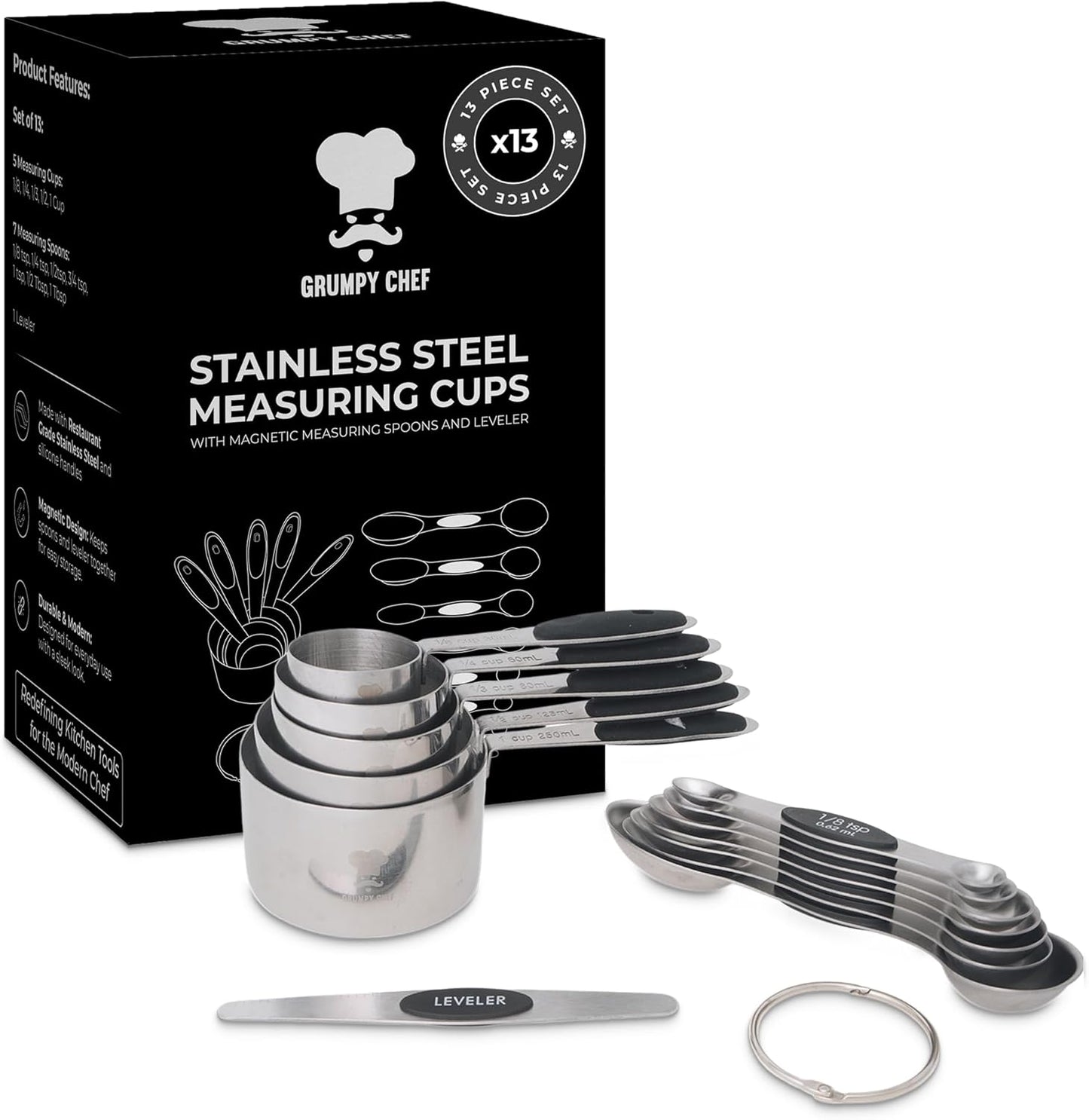 GRUMPY CHEF Stainless Steel Measuring Cups and Spoons Set with Magnetic Leveler – 13-Piece Nesting Set, Dual-Sided Magnetic Spoons, Flat Bottom Design for Stability – Rust-Resistant, Dishwasher Safe