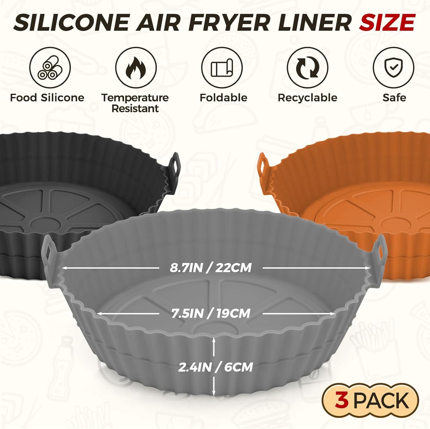 3 Pack Air Fryer Silicone Liners for 5 QT or Bigger, Reusable Food Grade Silicone Airfryer Liners Pot Baking Basket Accessories Replacement of Flammable Disposable Parchment Paper Top 8.7 inch