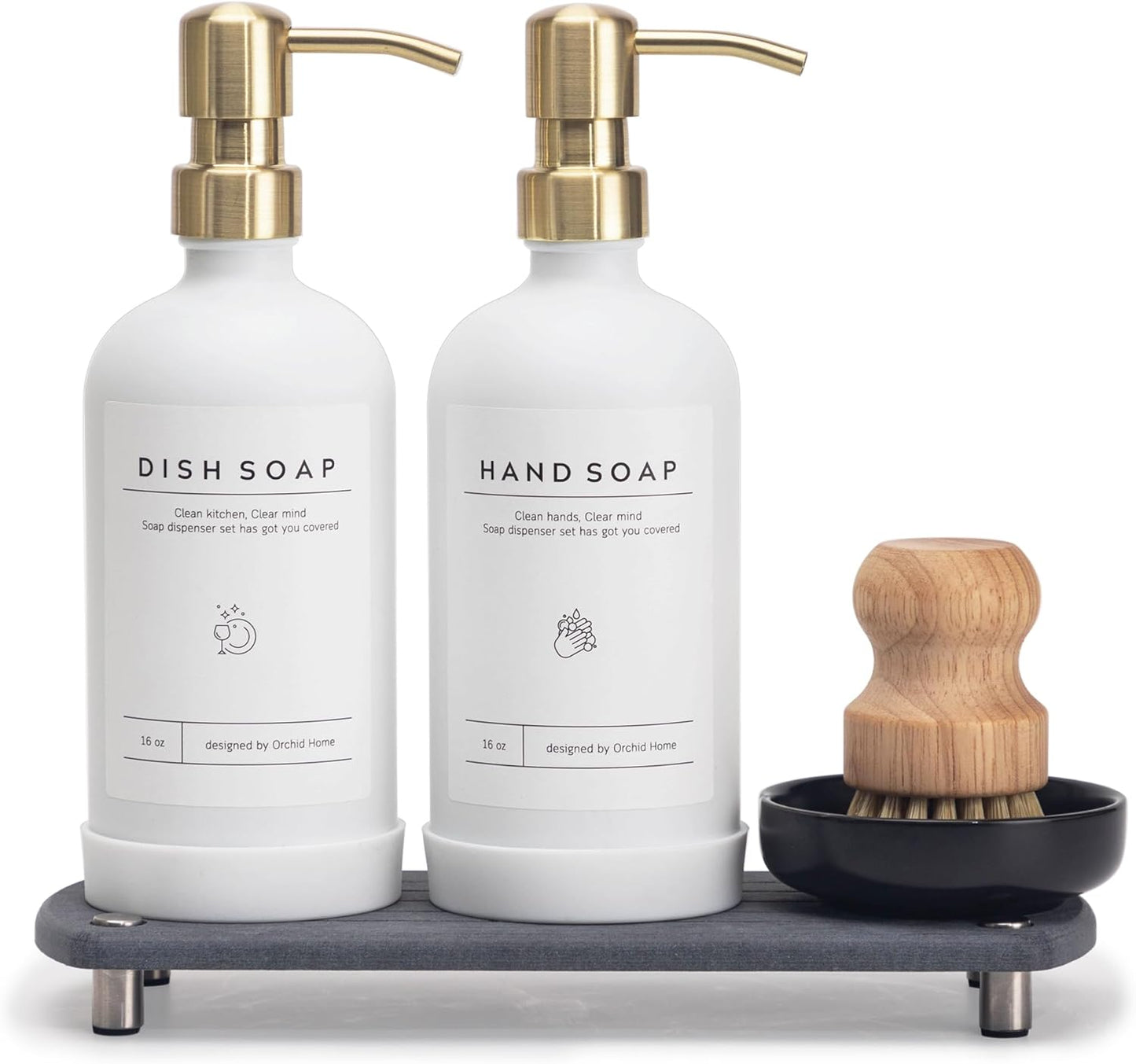 [Luxury] Kitchen Soap Dispenser Set - 16OZ White Glass Bottle, Stainless Steel Pump, Instant Dry Tray, Waterproof Labels, Non-Slip Silicone Pad, and Dish Brush | Upgrade for Your Kitchen and Bathroom