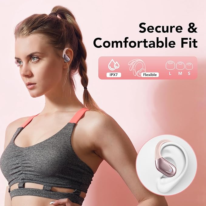 Ear buds Wireless Earbuds Bluetooth 5.3 Headphones 60hrs Playtime with Digital Display Sports Wireless Headphones with Earhook Deep Bass IPX7 Waterproof Over-Ear Earbuds for Android iOS Workout Rose