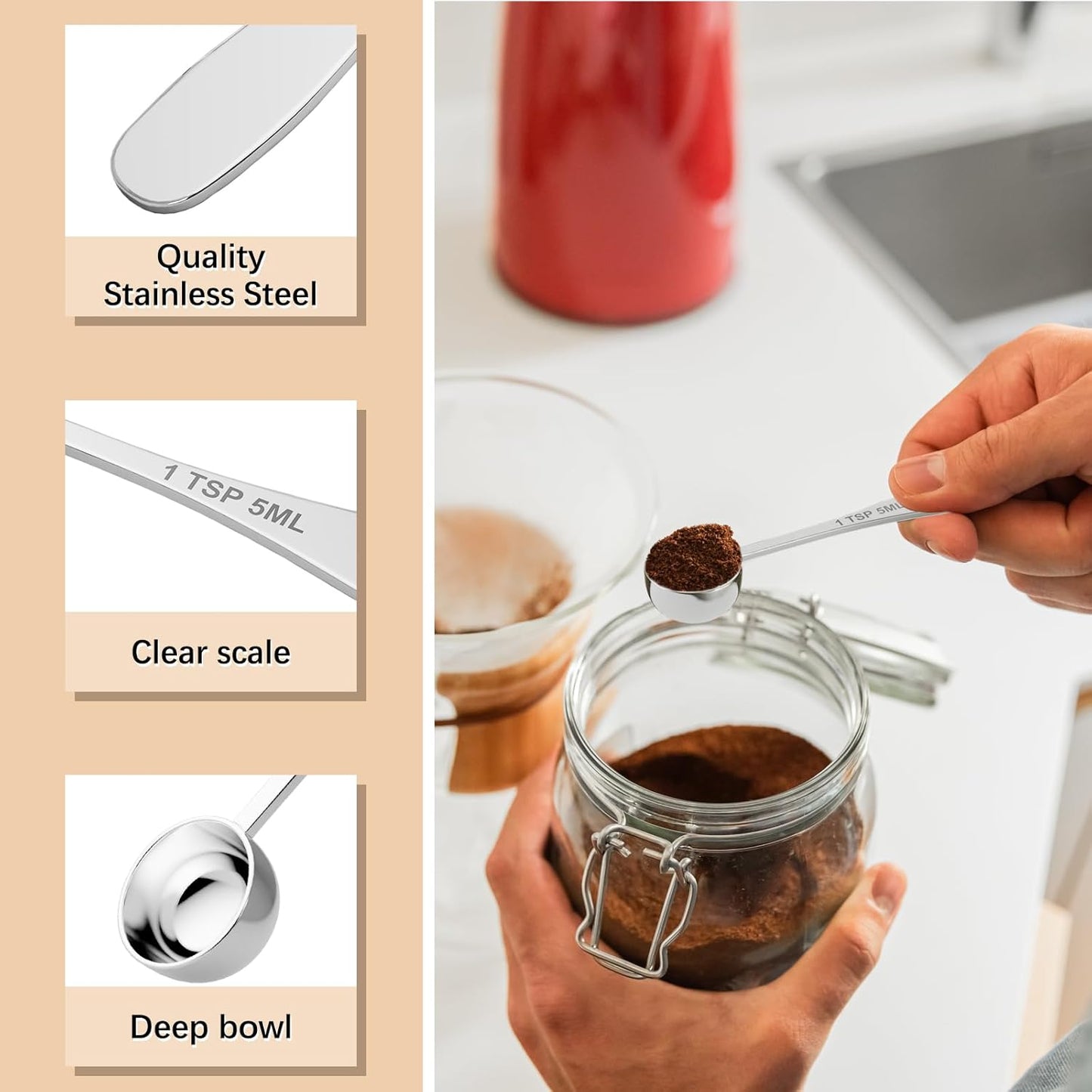 2PCS 1tsp(1/3tbsp, 5 ml) Single Measuring Spoon, Stainless Steel Individual Teaspoon, Metal Measure Scoop with Gift Box