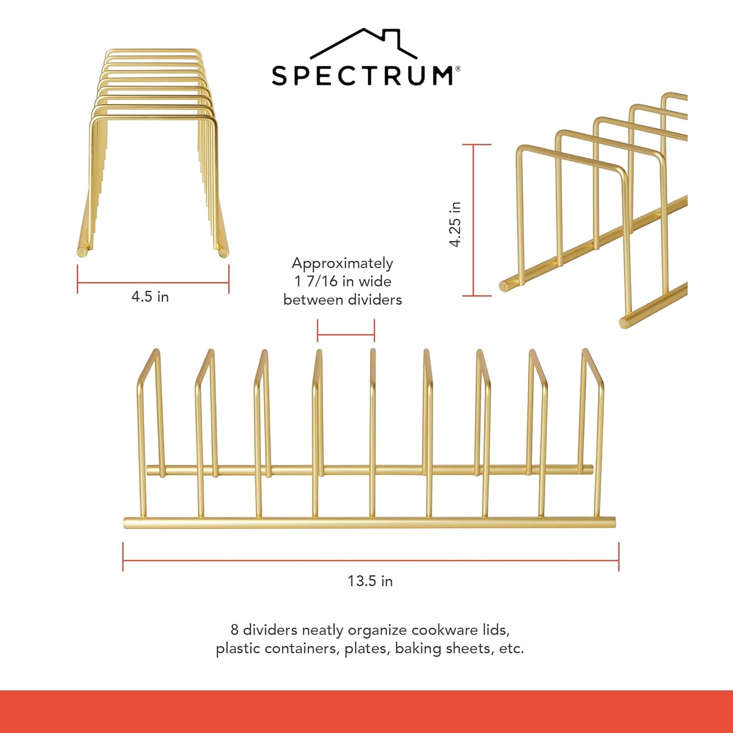 Spectrum Euro Cutting Board Holder Stand for Countertop or Inside Kitchen Cabinet Organization Gold, 8 Slot Cutting Board Drying Rack or Cabinet Plate Bakeware Storage Organizer