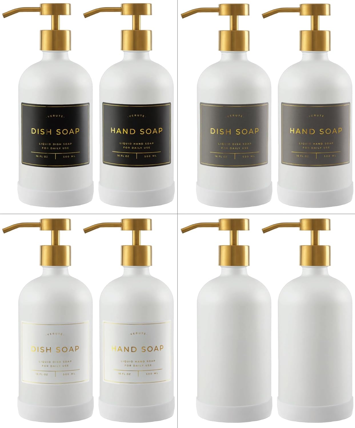 16oz Glass Soap Dispenser with Stainless Steel Pump, 21 Waterproof Labels, Non-Slip Protective Silicone Pad, Set of 2 for Bathroom & Kitchen (Matte White Bottle/Brushed Gold Pump)