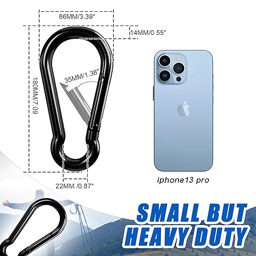 KINLINK 1 Pack Black Carabiner Clip, 7 inch Heavy Duty Spring Snap Hook, Large Caribeener Clips for Camping, Swing Set, Hammock, Hiking, Travel, Weight Lifting Machine, Home Gym Equipment