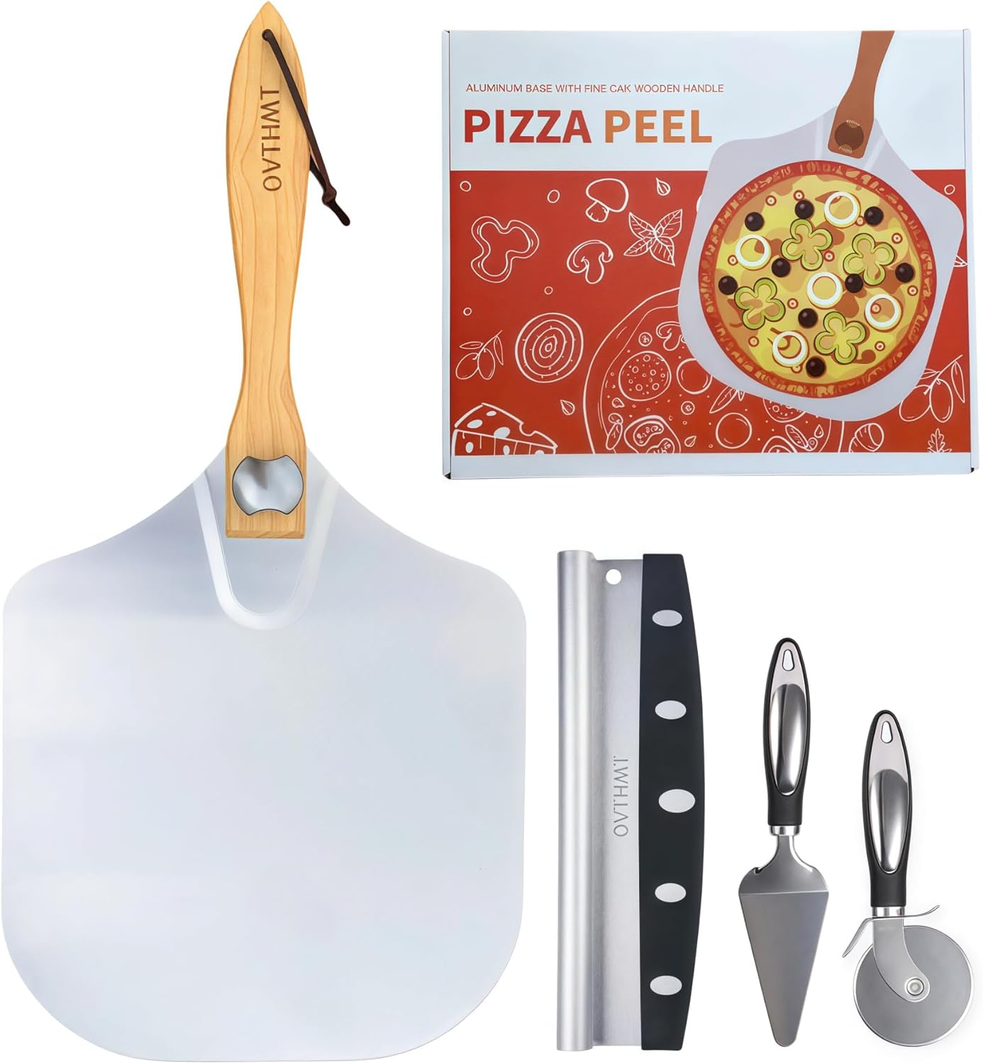 Pizza Oven Accessories 4 PCS, Pizza Kit, Aluminum Pizza Paddle with Foldable Wood Handle, Pizza Cutter, Rocker Blade, Cutter Wheel, Pizza Server, Pizza Peel Set, Pizza Tools