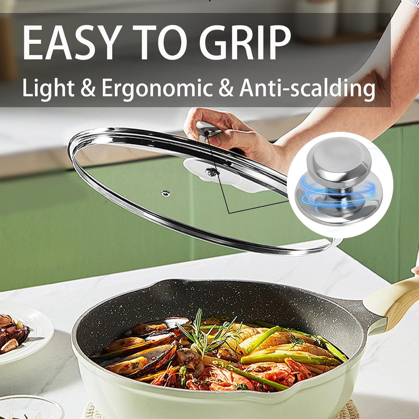 12 inch Tempered Glass Lid for Pots, Frying Pans and Skillets, Replacement Cover with Stainless Steel Knob Handle, Dishwasher Safe