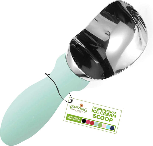 Spring Chef Stainless Steel Ice Cream Scoop - Dishwasher Safe Metal Ice Cream Scooper, Heavy Duty Kitchen Tool with Soft Grip Anti-Freeze Handle, Perfect for Frozen Yogurt, Sorbet, Sundae - Mint