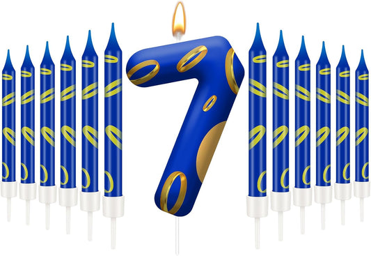 13PCS Birthday Cake Candles Set - Blue and Golden Ring Number Candles with Vibrant Designs for Boys & Girls, Theme Birthday Party Decorations, Cake Toppers for Theme Parties(Number 7)