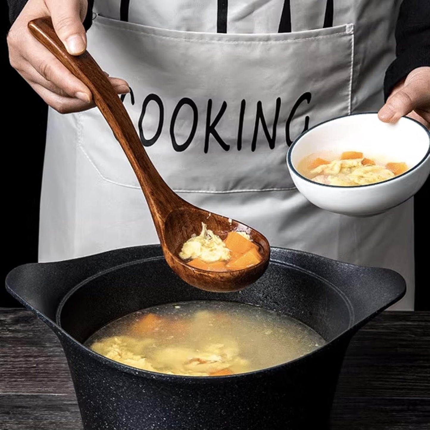 FJNATINH Wooden Soup Ladle with Long Handle Handmade Wooden Spoons for Cooking Kitchen Cookware Utensil