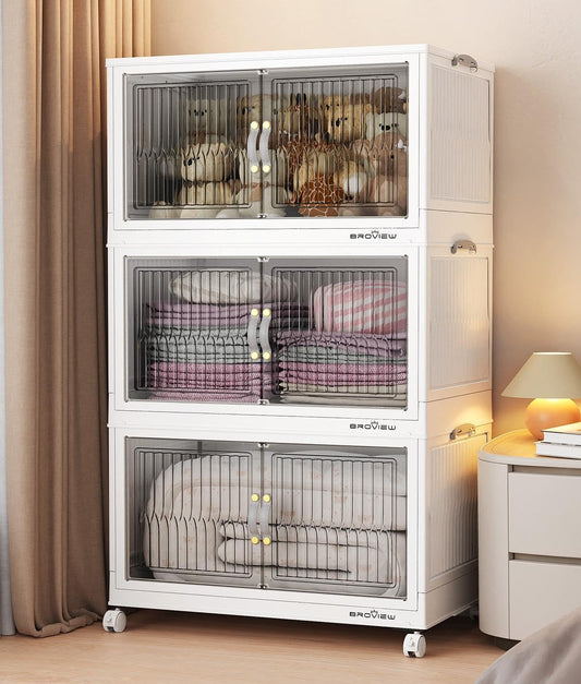 240Qt Stackable Storage Bins with Lid, Extra Large Closet Organizer Collapsible Drawer Boxes with Wheels, Folding Plastic Cabinet Containers for Home Kitchen Room Organization, 3Pack White