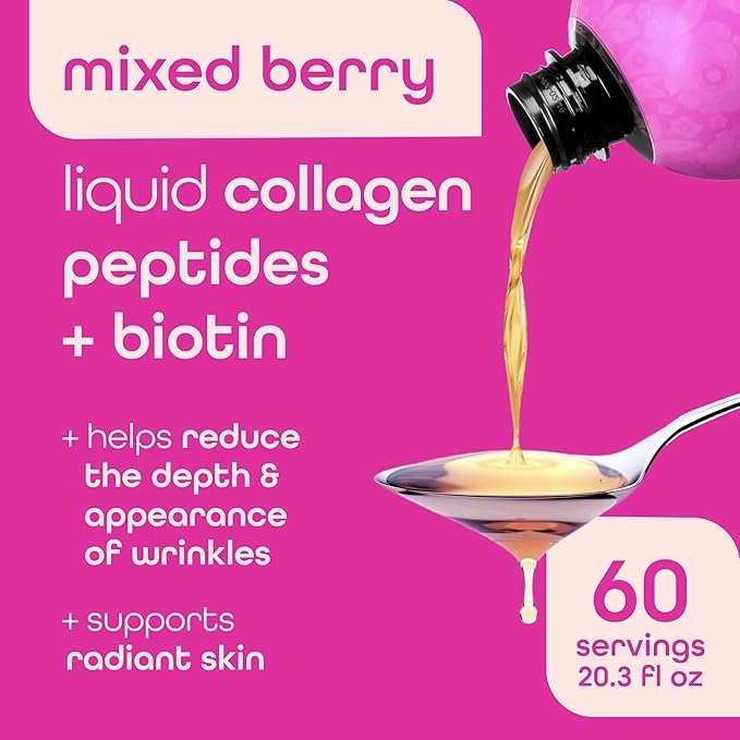 Zena Nutrition Liquid Collagen Peptides and Biotin, 2500mg Verisol Bioactive Collagen Peptides, 5000mcg Biotin, Hair, Skin, Nail Supplement for Women and Men, Mixed Berry, 60 Servings, 20.3 fl oz