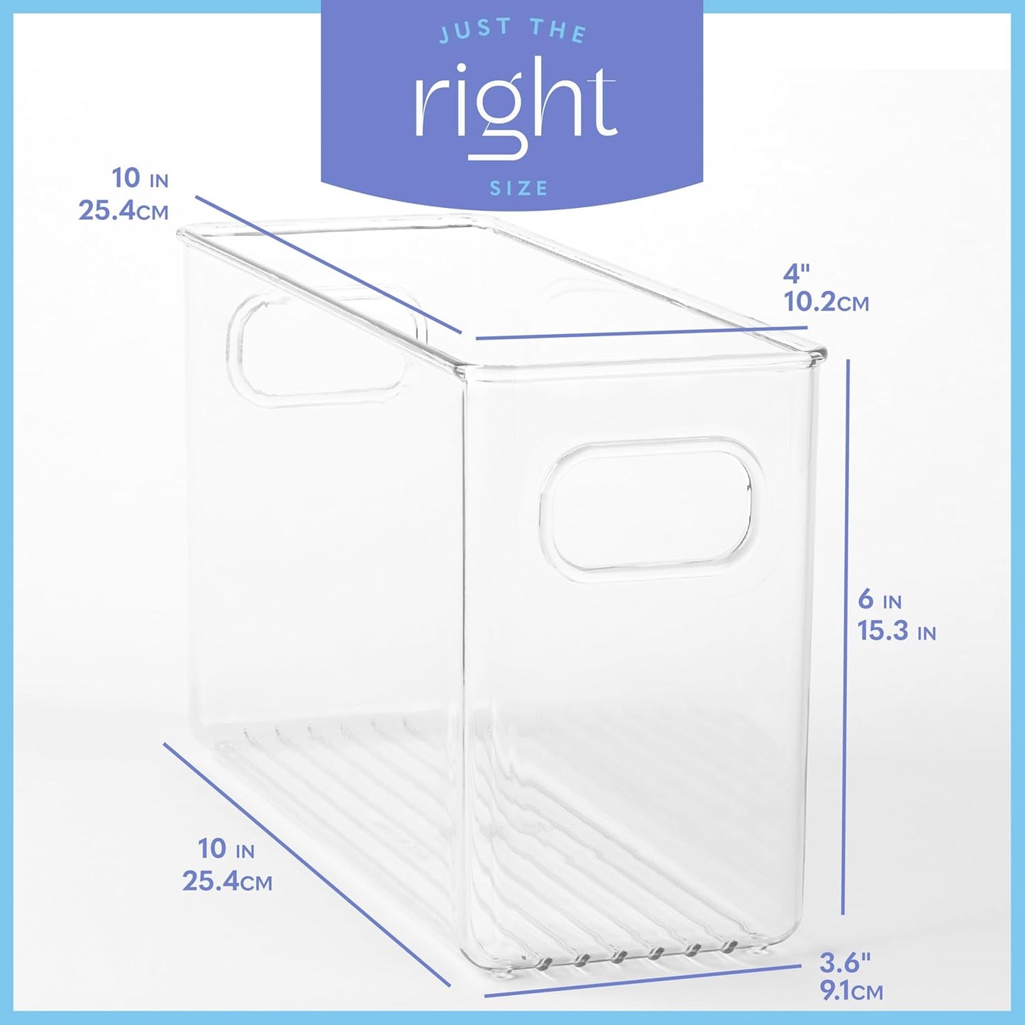 Plastic Food Storage 6 Pack Clear Container Bin with Handles for Organizing Kitchen, Pantry, Refrigerator, Freezer, Pantry, Cabinet, Closet, Bathroom. 10”x4”x6”