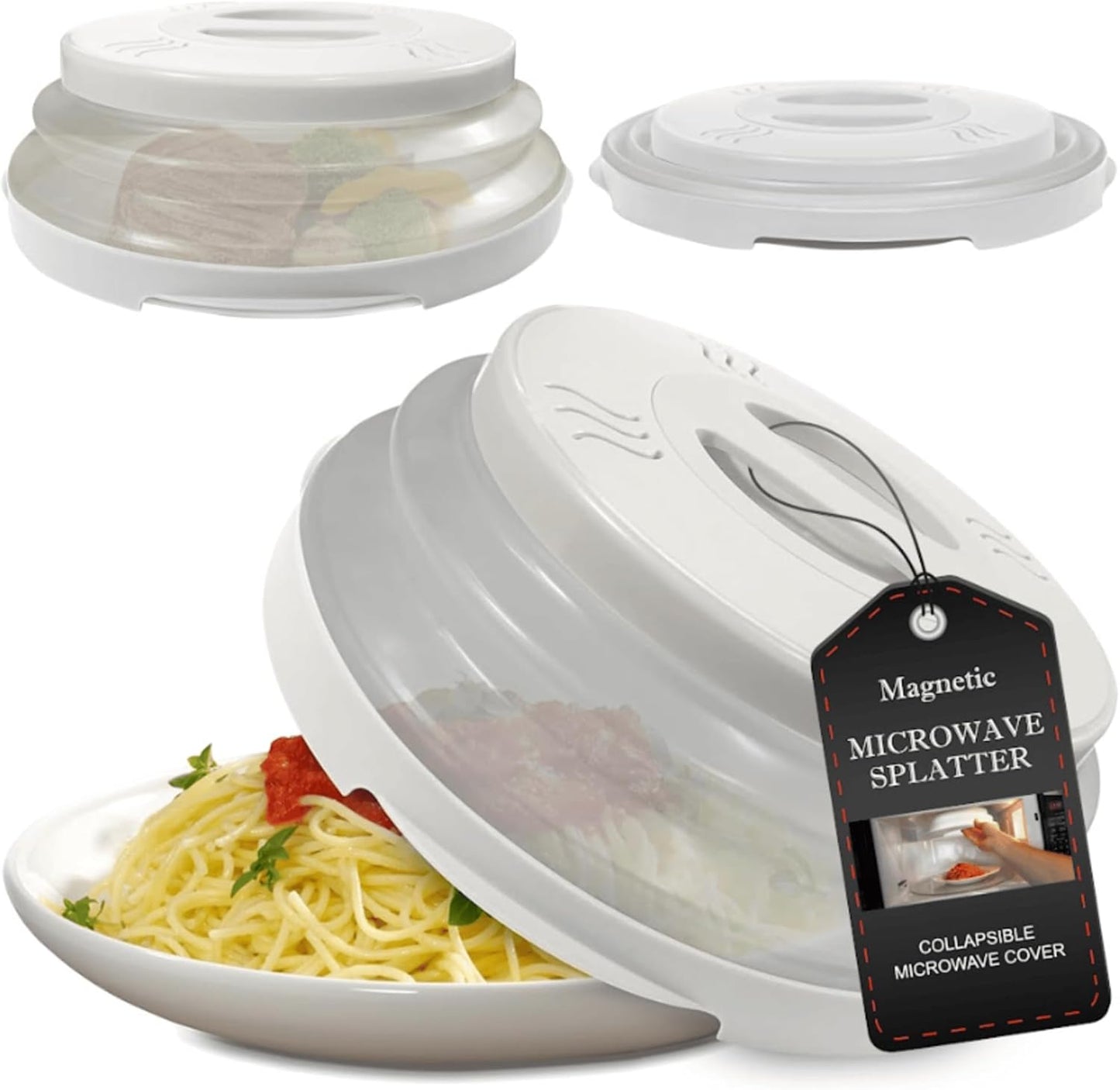 2.0 Magnetic Microwave Splatter Cover, Collapsible 12-Inch BPA-Free Food Lid with Upgraded Magnets, Vented Plate Guard, Dishwasher Safe, Space-Saving Magnetic Storage - White