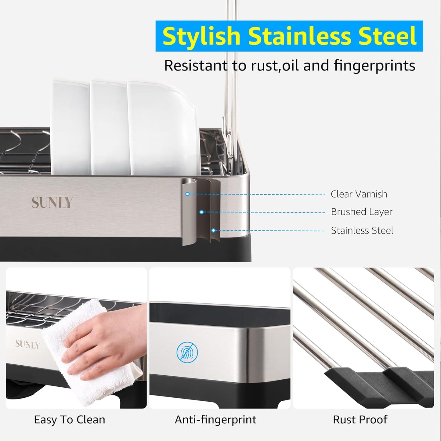 SUNLY 2 Tier Dish Drying Rack, Extra Large Dish Rack, Multifunctional Large Dish Drainers for Kitchen Counter, 304 Stainless Steel Kitchen Drying Rack, Bowl Drying Rack, Extendable Drain Spout, Black