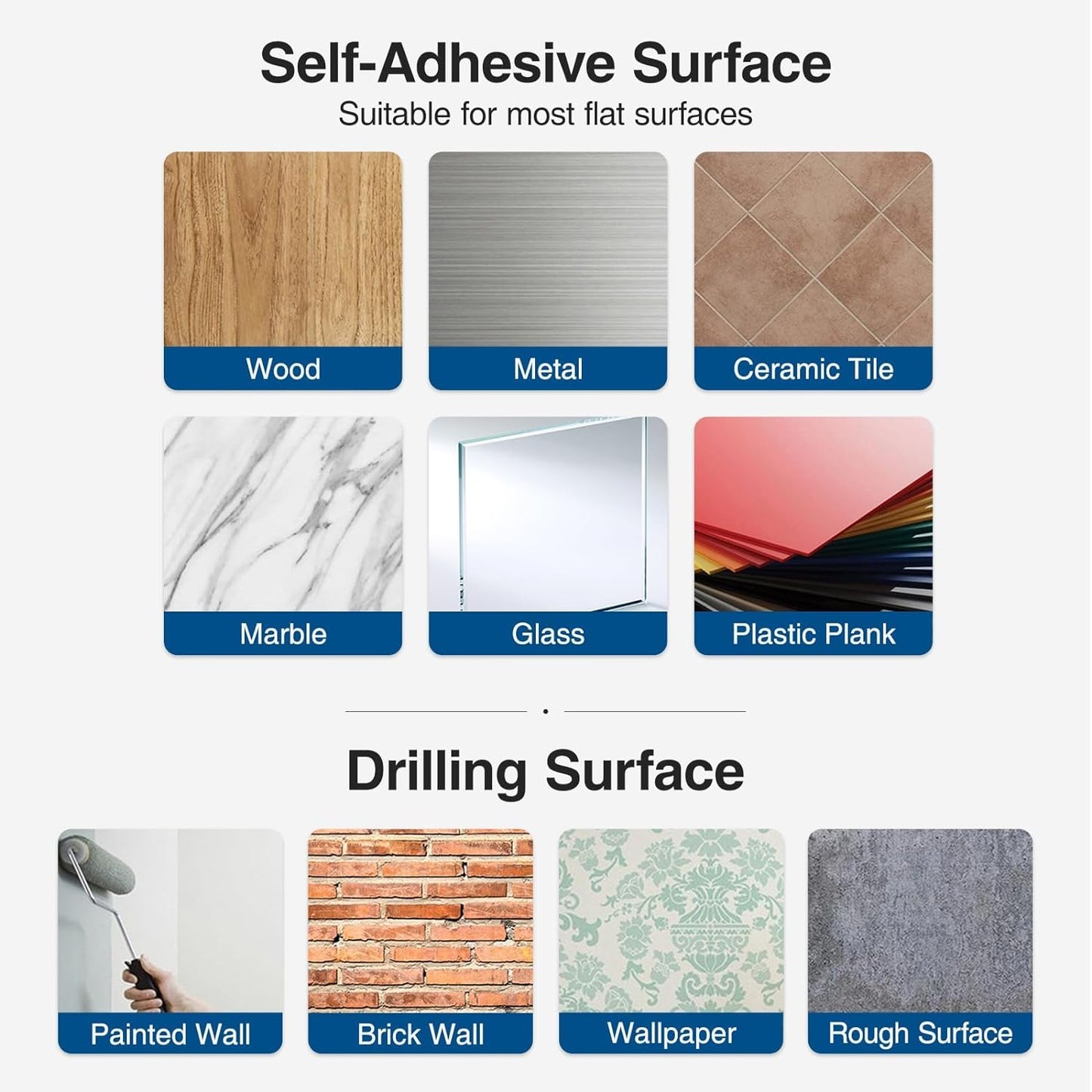 Paper Towel Holder - Self-Adhesive or Drilling, White, Wall Mounted, SUS304 Stainless Steel Kitchen Roll Dispenser Under Cabinet