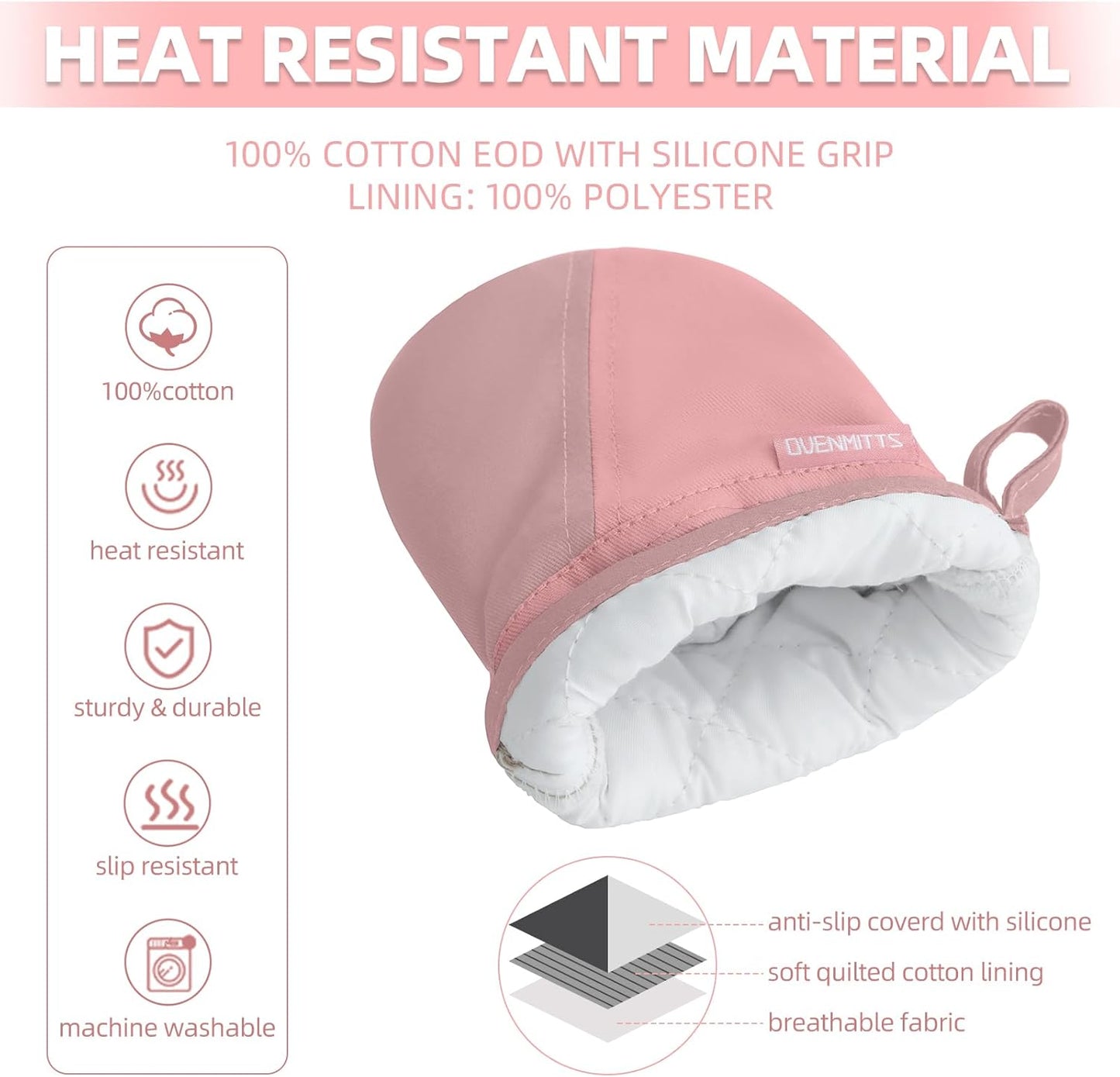 Mini Oven Mitts, Kitchen Oven Gloves Kitchen Mittens 500 Degrees Heat Resistant Baking Gloves, Non-Slip Silicone Surface with Hanging Loops Hot Gloves for Cooking, Baking, BBQ 1 Pair-Pink