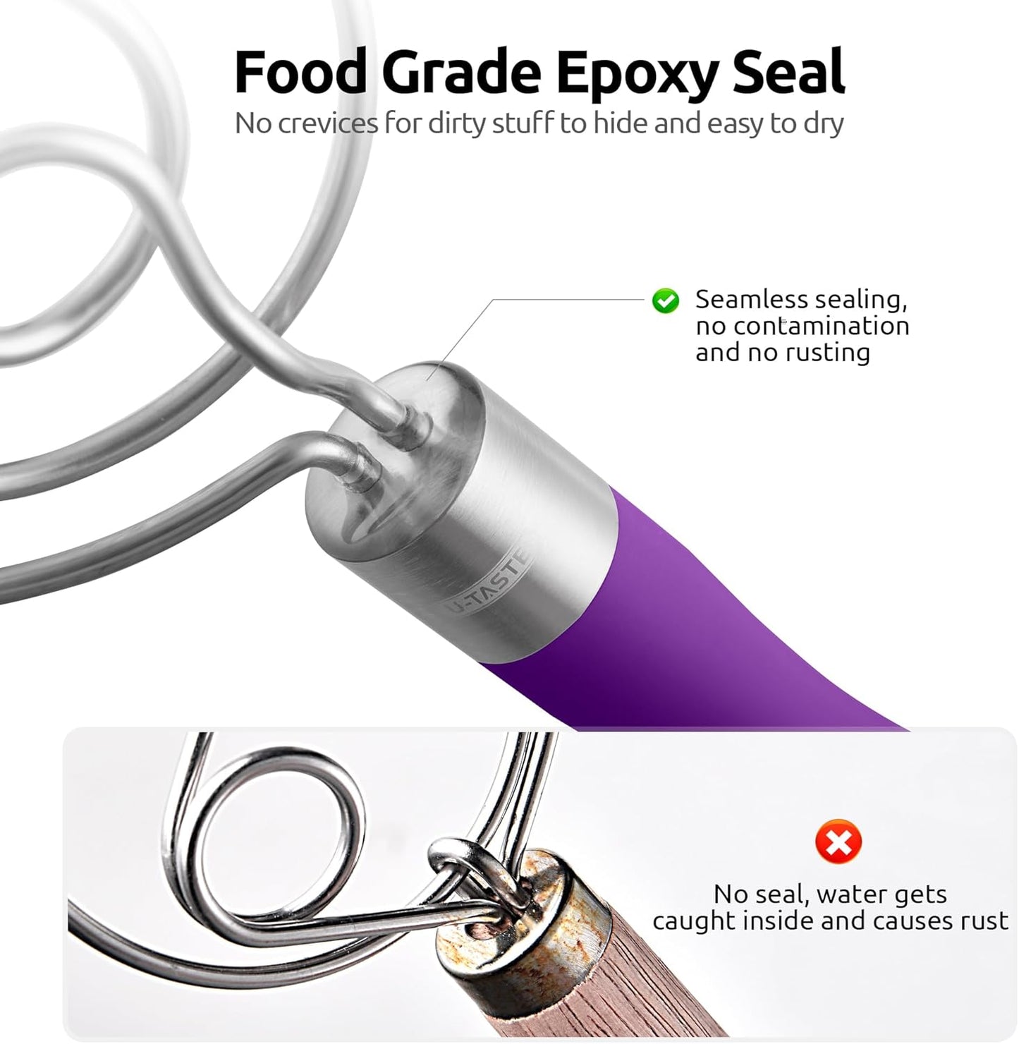 U-Taste 12.6in Danish Dough Whisk: 18/8 Stainless Steel Heavy-Duty Sourdough Mixer Tool, Food Grade Dutch Style Seamless Bread Wisk, Sturdy for Mixing, Stirring, Kneading Thick Batter (Purple)
