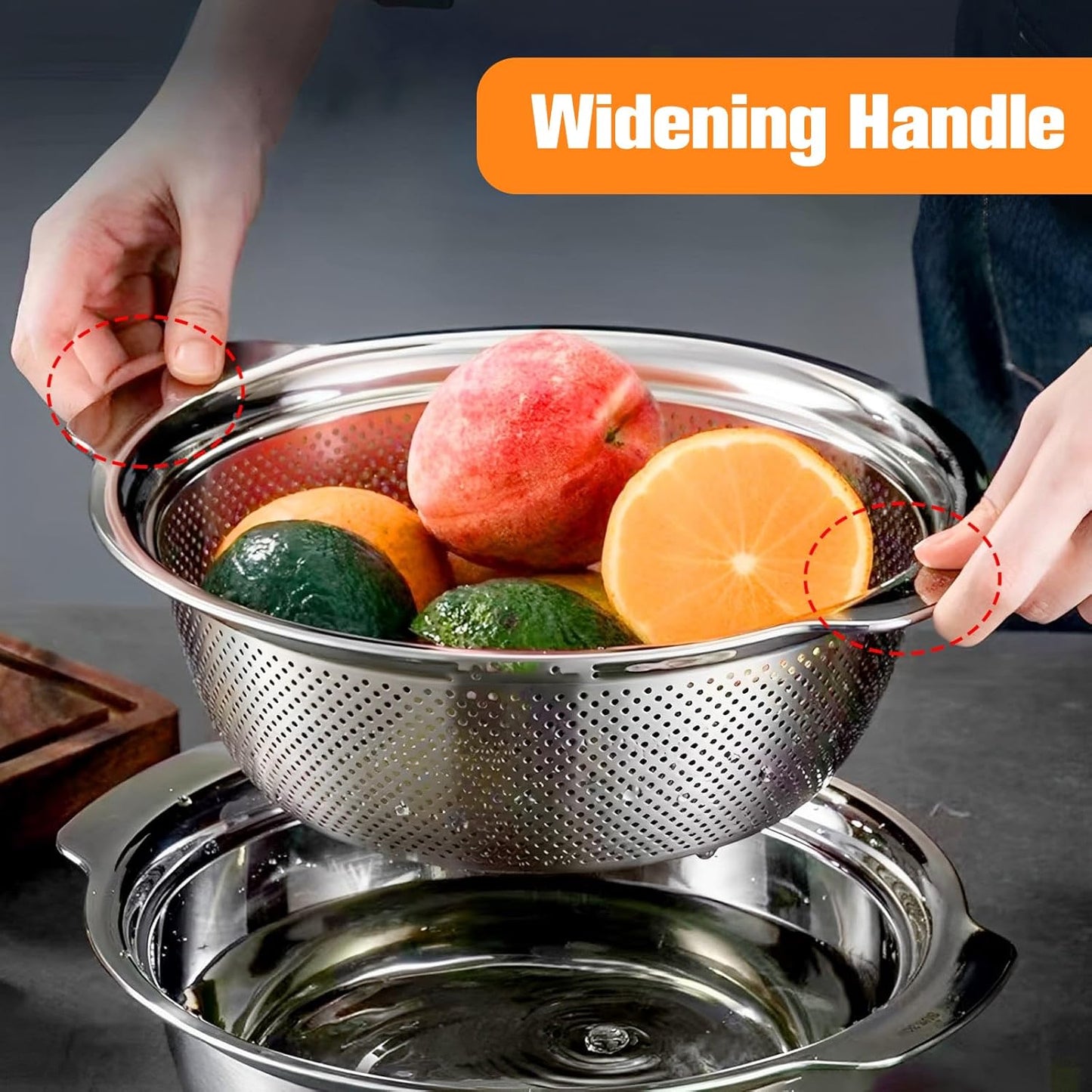 Stainless Steel Microporous Colander for Kitchen, 3.5QT Large Capacity, Colander and Bowl Set of Two, Stainless Steel Drain Basket with Mixing Bowl, for Washing Fruits and Vegetables (10.4×9.1inch)