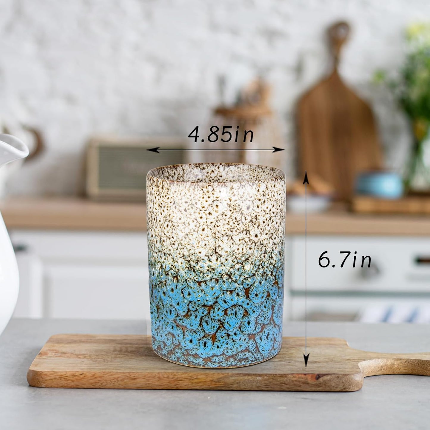 Utensil Holder, Ceramic Kitchen Utensil Holder for Countertop, Large Cooking Utensil Crocks for Kitchen Counter, Morden Utensil Organizer for Spatula, kitchen Decor,White & Blue