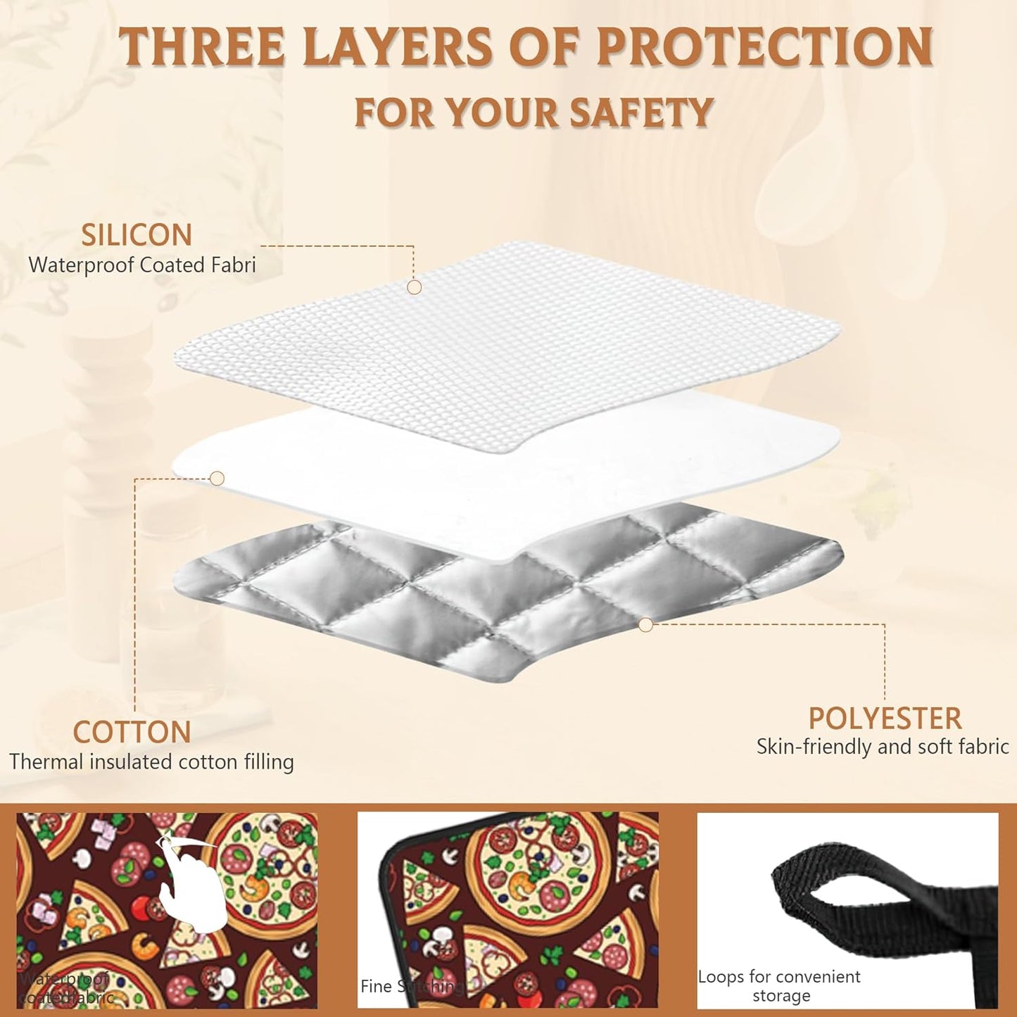 2 Pack Pizza Slices Ingredients Pot Holders for Kitchen Heat Resistant, Potholders for Kitchens Washable for Cooking & Baking & Microwave