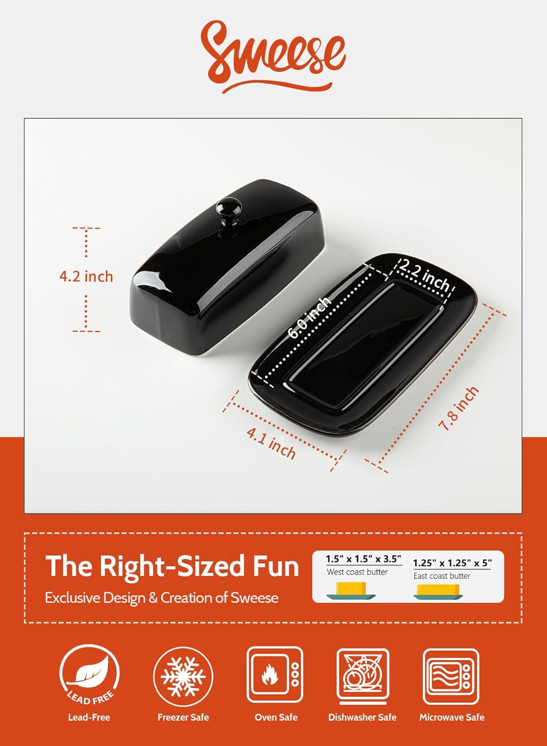 Sweese Butter Dish with Lid, Porcelain Butter Keeper, 7.8 Inch Butter Holder with Handle Cover, Butter Container Perfect for East West Coast Butter, Black