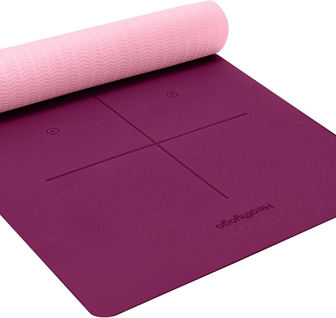 Heathyoga Eco Friendly Non Slip Yoga Mat, Body Alignment System, SGS Certified TPE Material - Textured Non Slip Surface and Optimal Cushioning,72"x 26" Thickness 1/4"