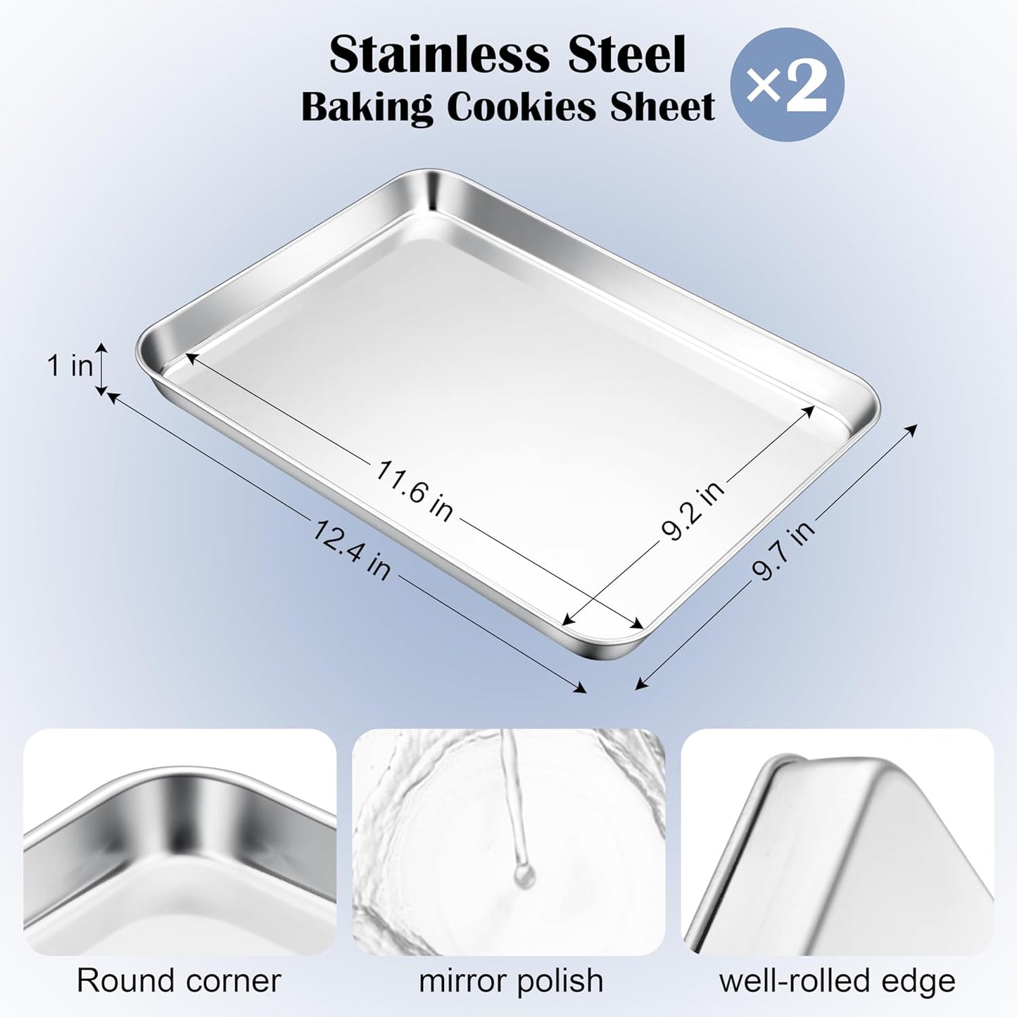 E-far Stainless Steel Baking Sheets, 12.4” x9.7” x 1” Baking Cookie Sheets Pans for Oven, Non-toxic Metal Trays for Cake Cookies, Healthy & Rust Free, Mirror Finish & Dishwasher Safe, 2 Pack
