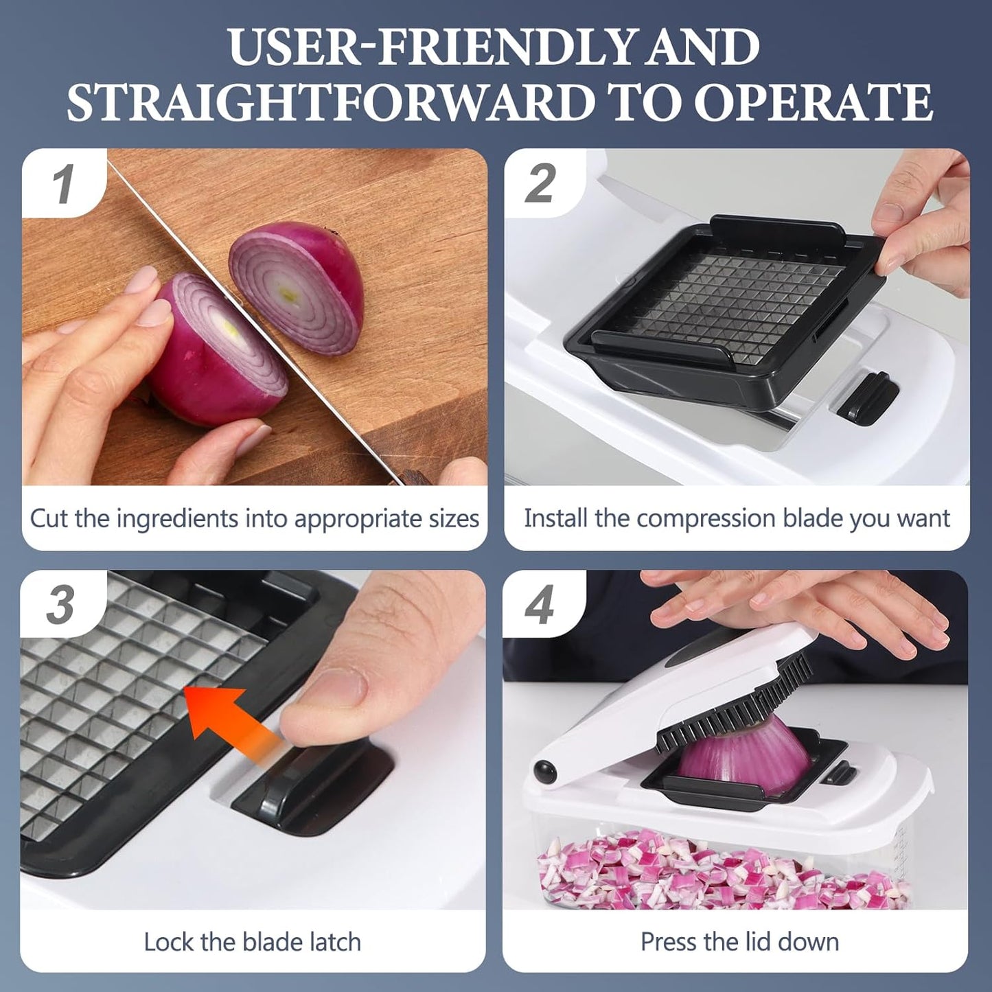 Ourokhome Chopper Vegetable Cutter with Container, Manual Hand Food Onion Dicer with 2 Chopping Blades for Potato Strips, Veggie Cubers, Carrot Sticks, Essential Kitchen Gadgets (2 in 1, White)