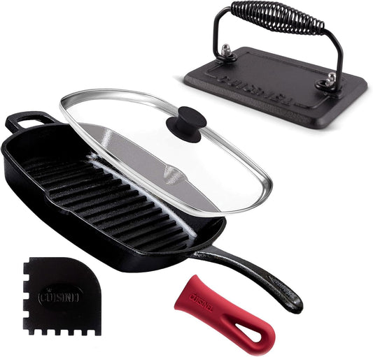 Cuisinel Cast Iron Grill Pan + Rectangular Cast Iron Grill Press + Tempered Glass Lid + Pan Scraper – Pre-Seasoned Ribbed Skillet – 10.5"-Inch Square Grilling Indoor/Outdoor Camping Fire BBQ Cookware