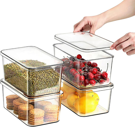 Clear Storage Bins With Lids,4 Packs Food Storage Organizer,Stackable Kitchen Cabinet,Bathroom Basket,Fridge Organization.Pantry Transparent Containers For Fruits,Drinks