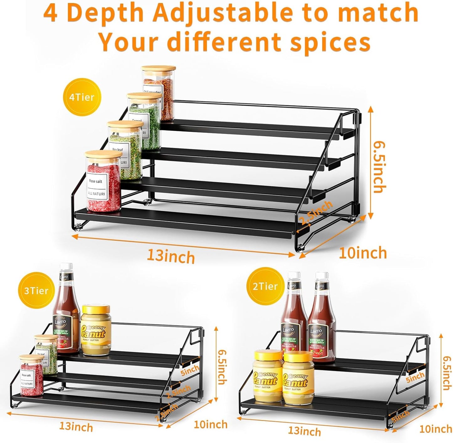 RCHYFEED Spice Rack Organizer for Cabinet Pantry,4 Tier Spice Rack Countertop,Tierd Spice Organization Easy Visibility, Depth Adjustable Seasoning Organizer for Cabinet (Black, 2Pack)