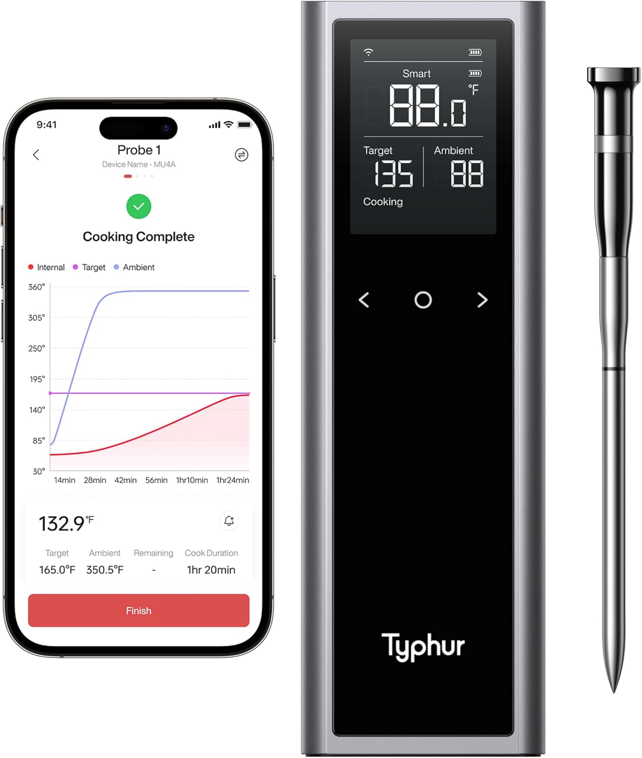 Sync One Smart Wireless Meat Thermometer: Standalone Base with LCD Display, Unlimited WiFi & Bluetooth Range, Enhanced Signal Stability for BBQ, Grill, Oven, and Smoker