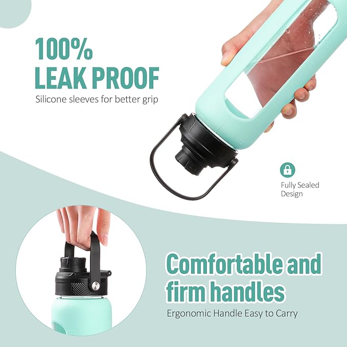 Kodrine Water Bottle with Straw, 24 oz Glass water Bottle with 2 Lids Bamboo Straw Lid and Spout Lid with Handle, 32 oz Clear Water Bottle Glass for Sports Travel, Waterbottle with Time Marker