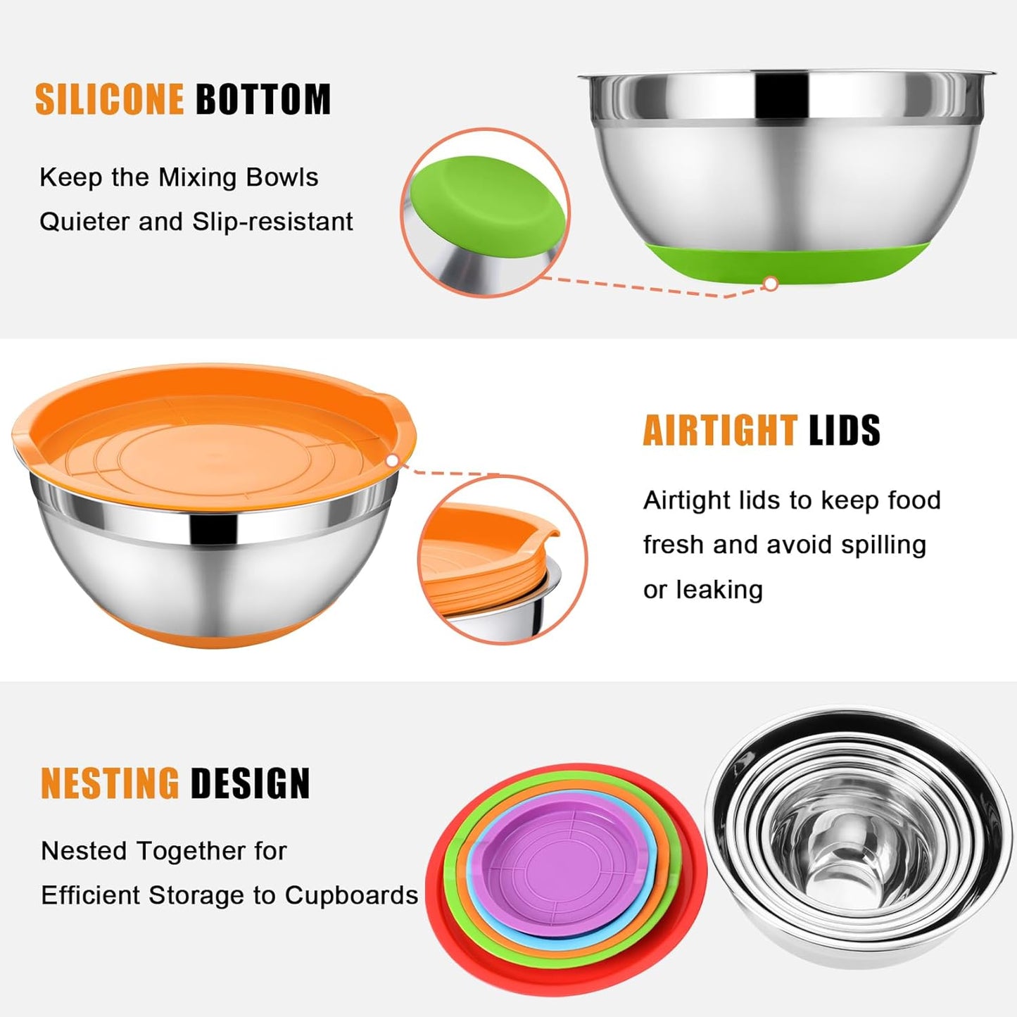 P&P CHEF Mixing Bowl with Lid Set, 5 Piece Stainless Steel Mixing Nesting Bowls for Salad Storage, 3 Grater Attachments & Non-Slip Bottoms, Size 1/1.5/2 / 2.6/4.6 QT, Multicolor