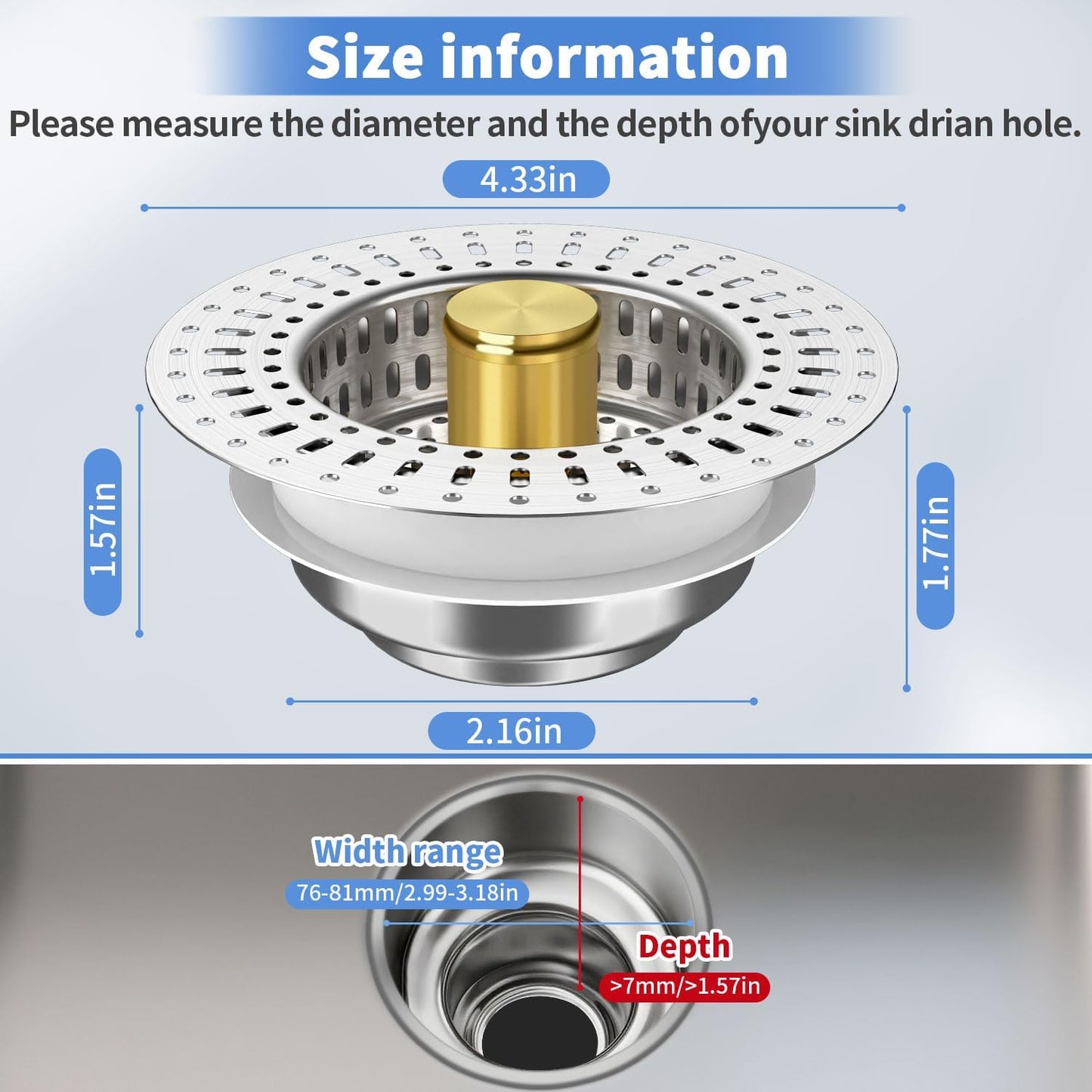 Upgraded 3 in 1 Kitchen Sink Drain Strainer - Stainless Steel Sink Stopper, Anti-Clogging Sink Food Catcher Basket, Fast Drainage Odor Filter Sink Plug(golden-2pcs)