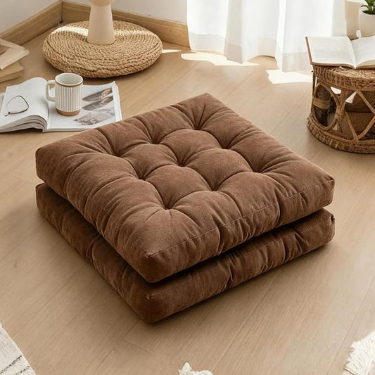 Tiita Meditation Floor Pillows, 22 Inch Square Floor Cushions for Adults, Thicken Tufted Seat Pad Set of 2, Large Floor Cushion for Yoga Garden Living Room Balcony Office Tatami, Coffee