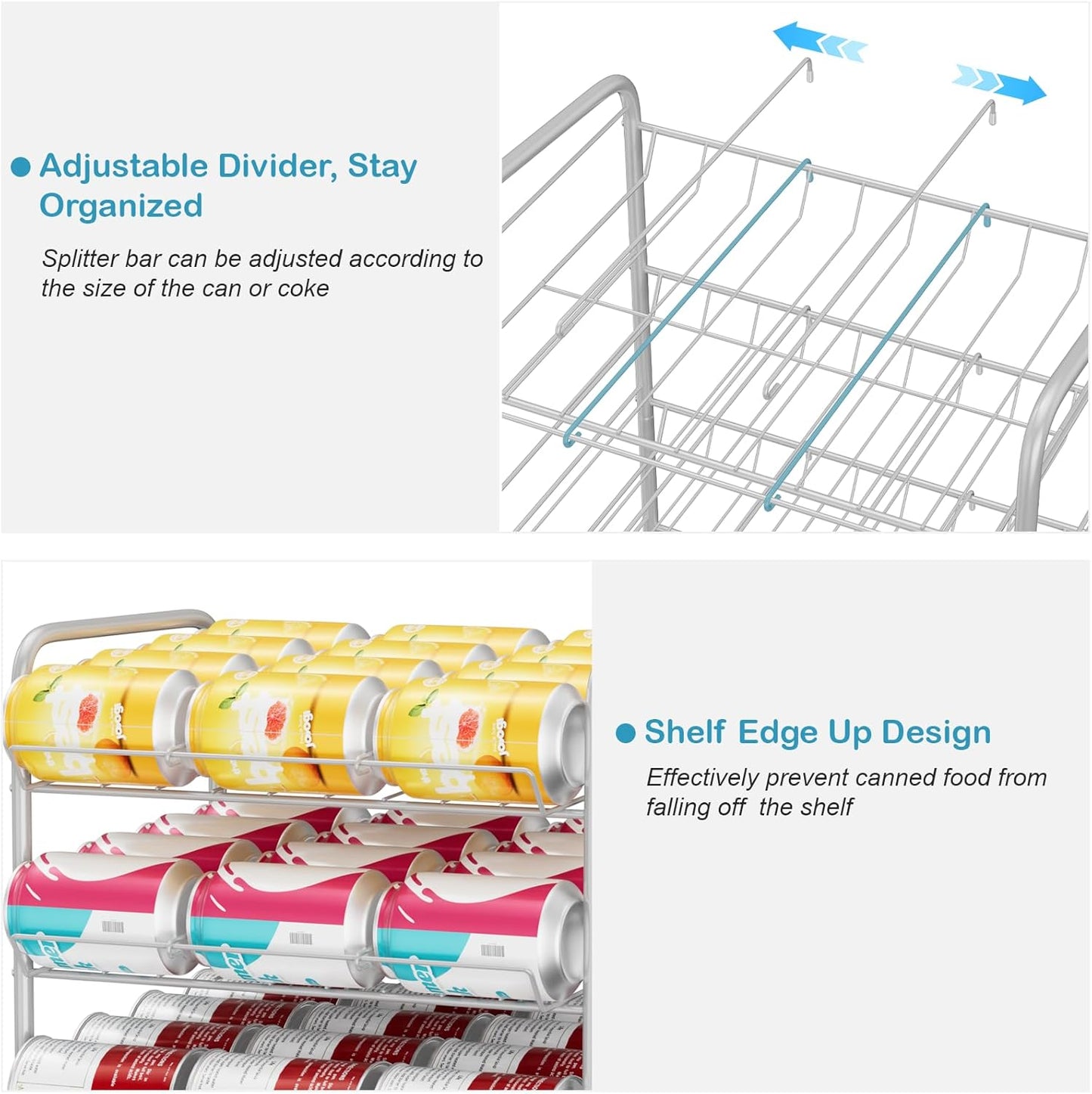 Vrisa Can Organizer for Pantry 5 Tier Canned Food Organizer Can Storage Rack Holds Up to 60 Cans Rolling Soda Soup Vegetable Can Goods Dispenser Shelf for Kitchen Pantry Cabinet, Silver